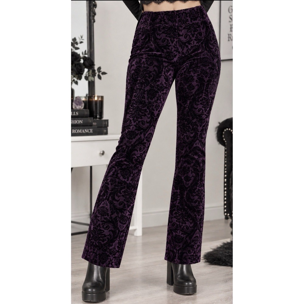 Roz & Ali Women's Size M Purple Black Damask Velvet Pants Gothic Goth Victorian